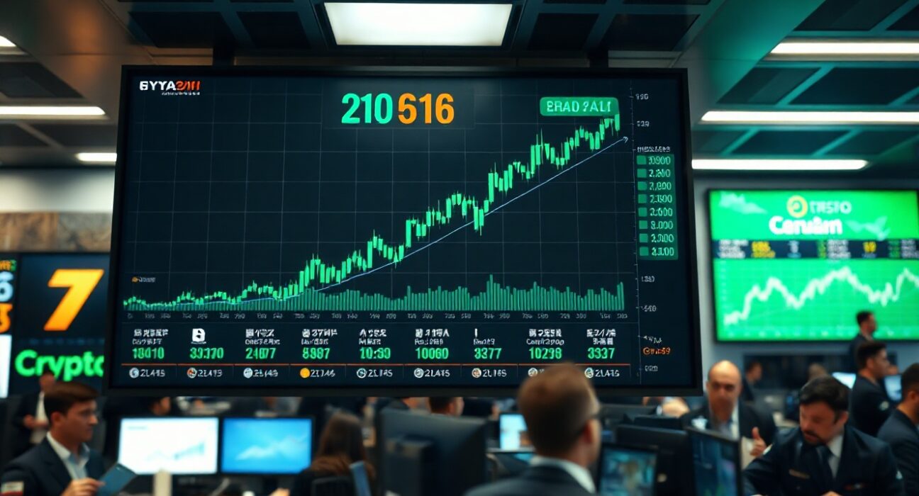 Trading floor display showing rising crypto stock charts in green