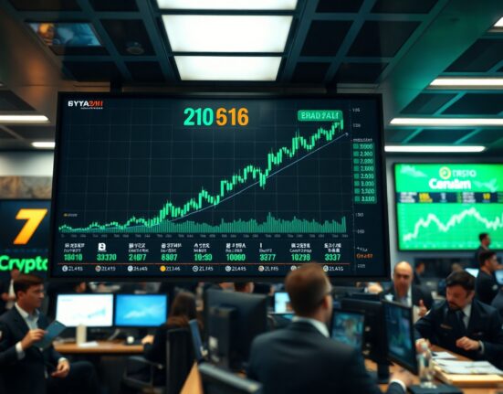 Trading floor display showing rising crypto stock charts in green
