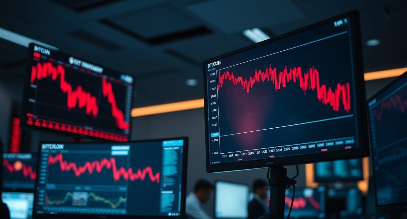 Trading desk monitors showing declining cryptocurrency charts in a dimly lit office