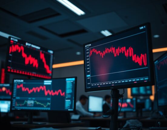 Trading desk monitors showing declining cryptocurrency charts in a dimly lit office