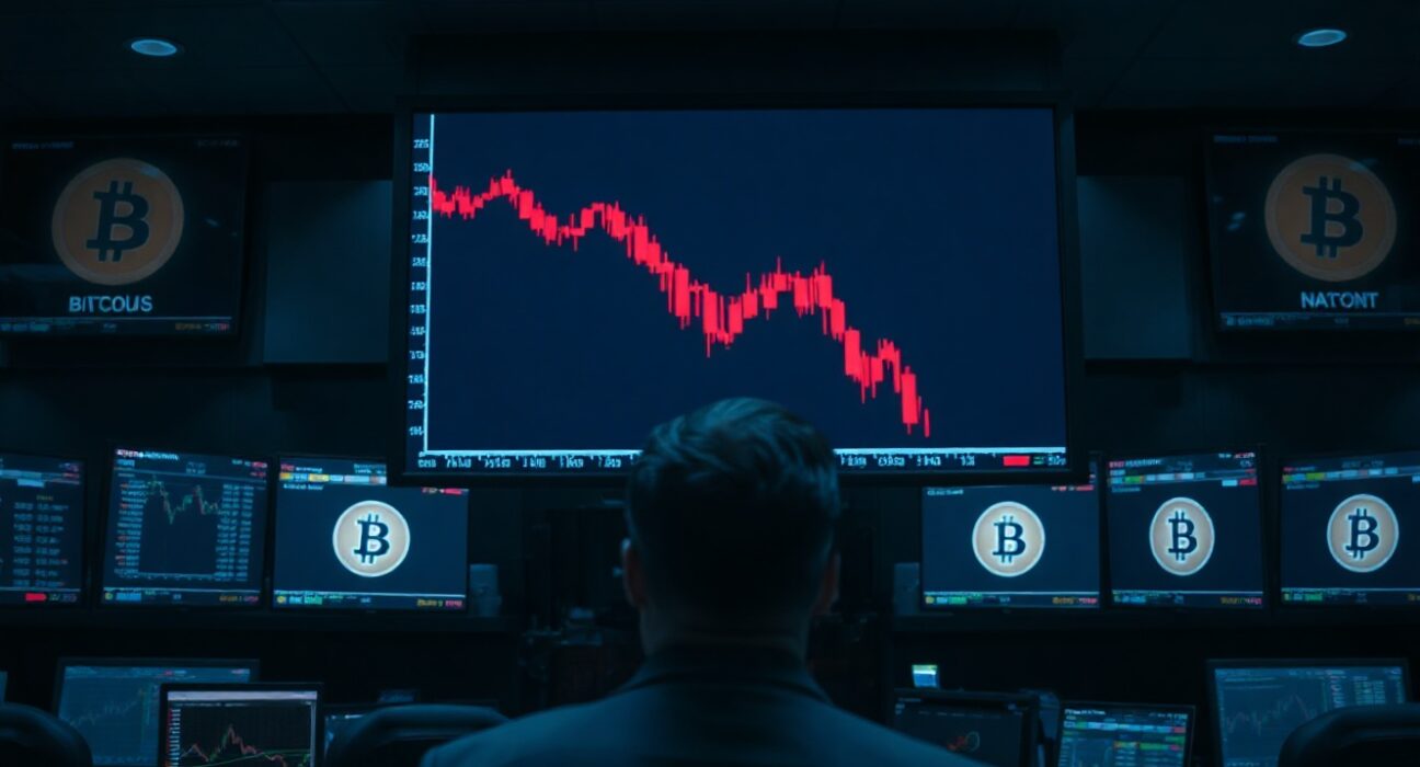 Trading floor with screens showing declining cryptocurrency stock prices