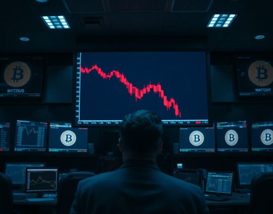 Trading floor with screens showing declining cryptocurrency stock prices