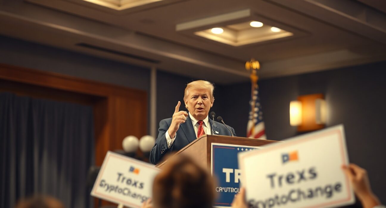 Crypto-backed Super PAC rally scene in Texas with a speaker at a podium and a supportive crowd.