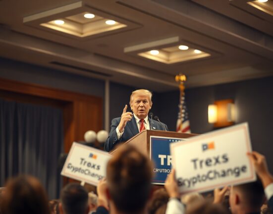 Crypto-backed Super PAC rally scene in Texas with a speaker at a podium and a supportive crowd.