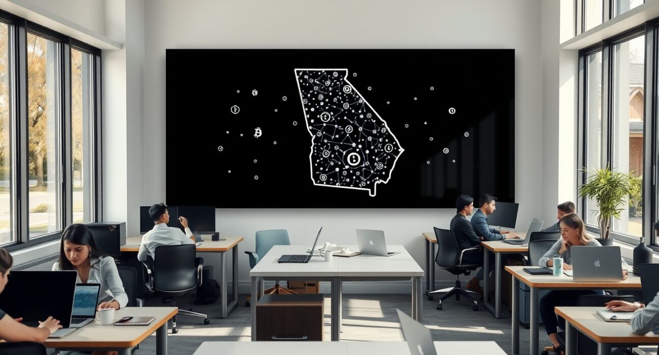 Campaign office for a Georgia House primary race with staff working and a digital display showing blockchain graphics.