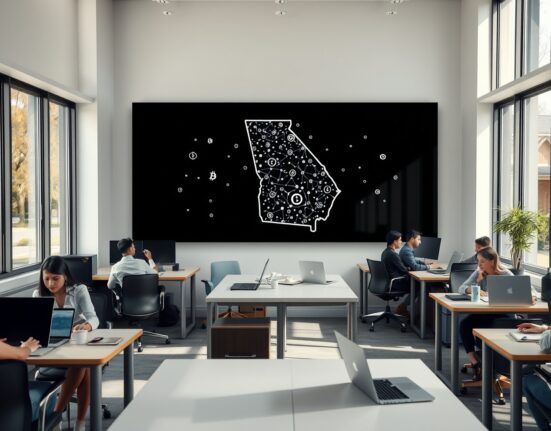 Campaign office for a Georgia House primary race with staff working and a digital display showing blockchain graphics.