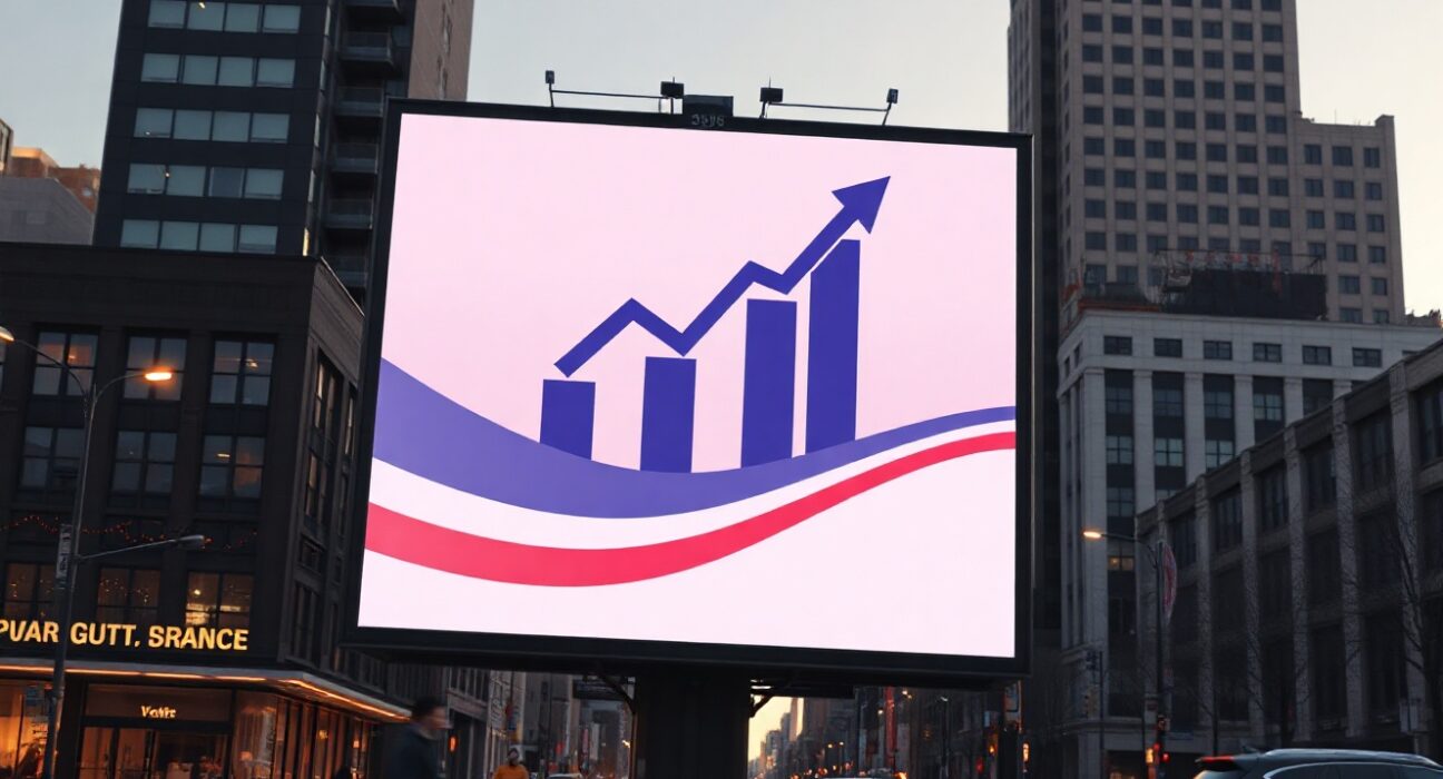 Digital billboard with abstract political ad design in a city setting