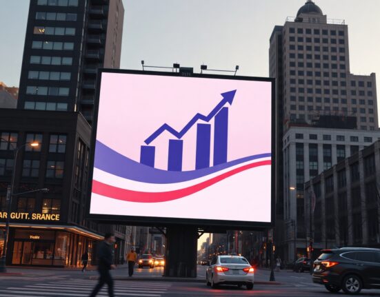 Digital billboard with abstract political ad design in a city setting