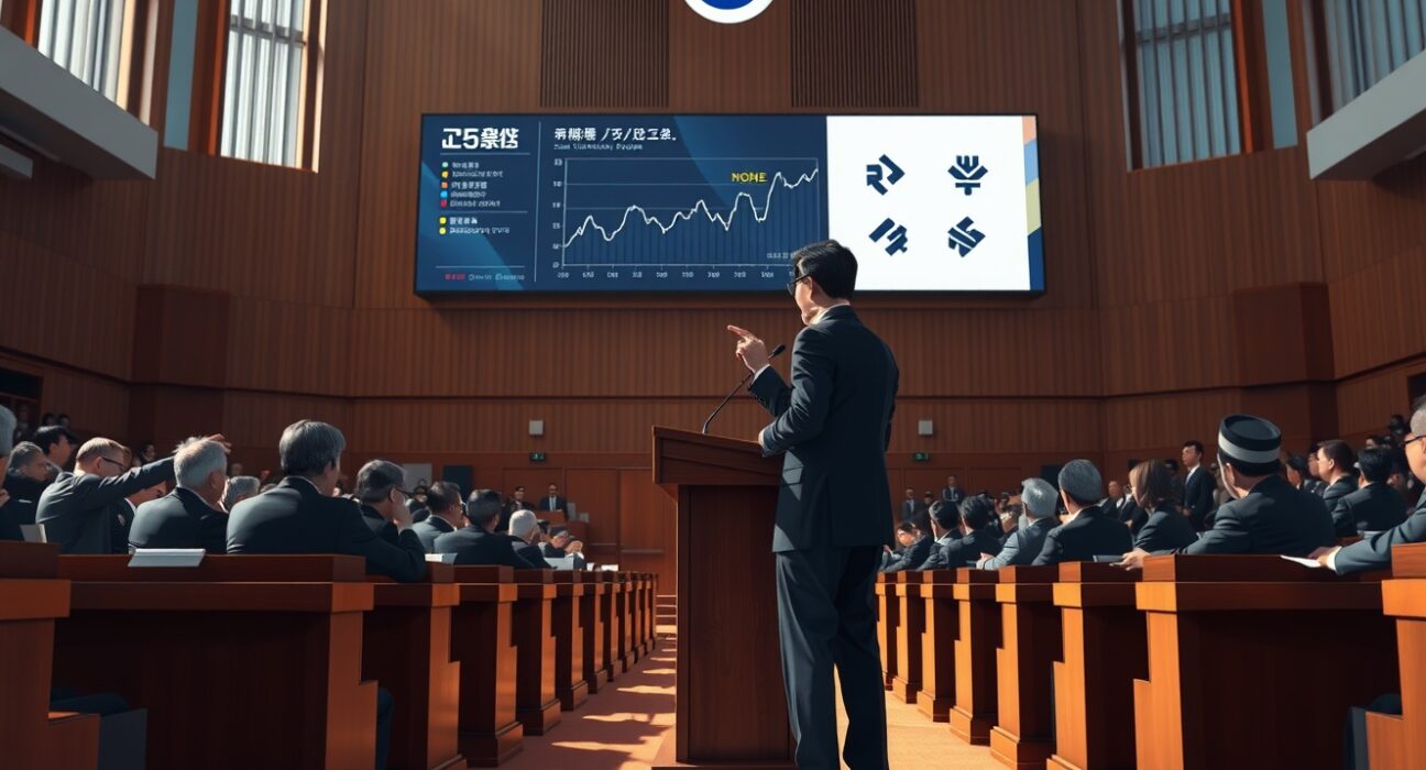 South Korean lawmakers debate crypto tax fairness in the National Assembly, with a digital screen showing cryptocurrency price charts.