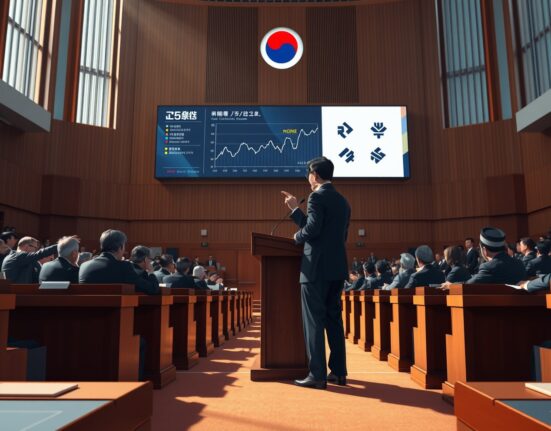 South Korean lawmakers debate crypto tax fairness in the National Assembly, with a digital screen showing cryptocurrency price charts.