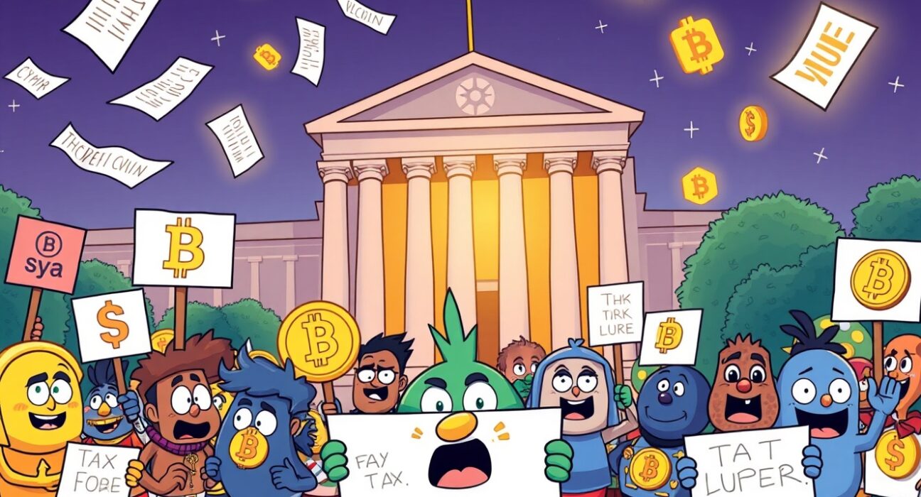 Crypto coalition demanding urgent tax guidance from Trump administration with blockchain symbols