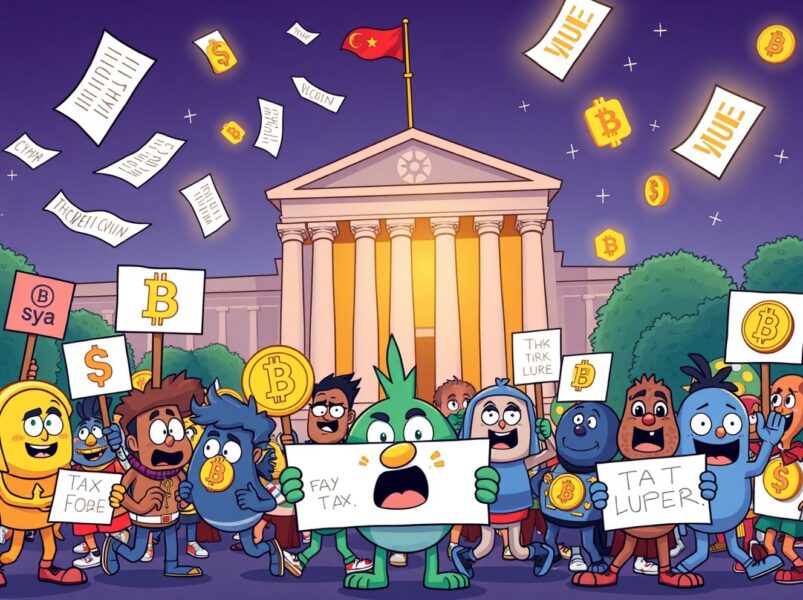 Crypto coalition demanding urgent tax guidance from Trump administration with blockchain symbols