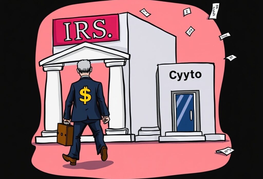 Cartoon of an IRS crypto chief departing the agency to join a private crypto tax firm, illustrating the evolving crypto tax environment.