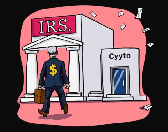 Cartoon of an IRS crypto chief departing the agency to join a private crypto tax firm, illustrating the evolving crypto tax environment.