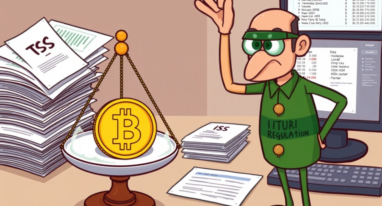 IRS figure overseeing crypto tax reporting with digital assets on a scale, emphasizing new compliance rules.