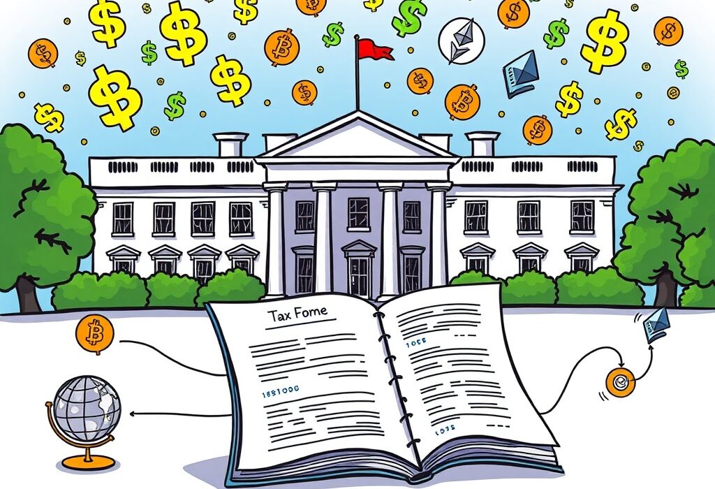 Cartoon illustration showing the White House and global crypto accounts, symbolizing new crypto tax reporting regulations for crypto tax reporting.