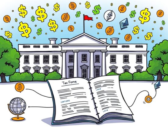 Cartoon illustration showing the White House and global crypto accounts, symbolizing new crypto tax reporting regulations for crypto tax reporting.