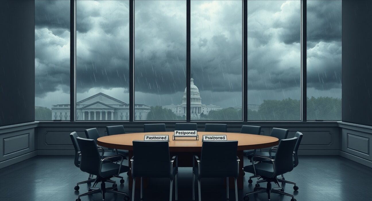 Empty congressional hearing room for postponed crypto tax roundtable during severe storm