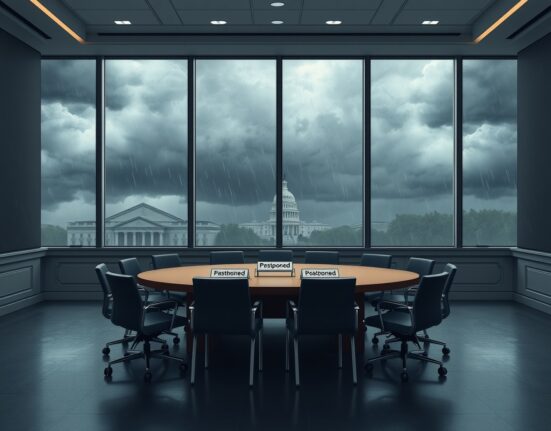 Empty congressional hearing room for postponed crypto tax roundtable during severe storm