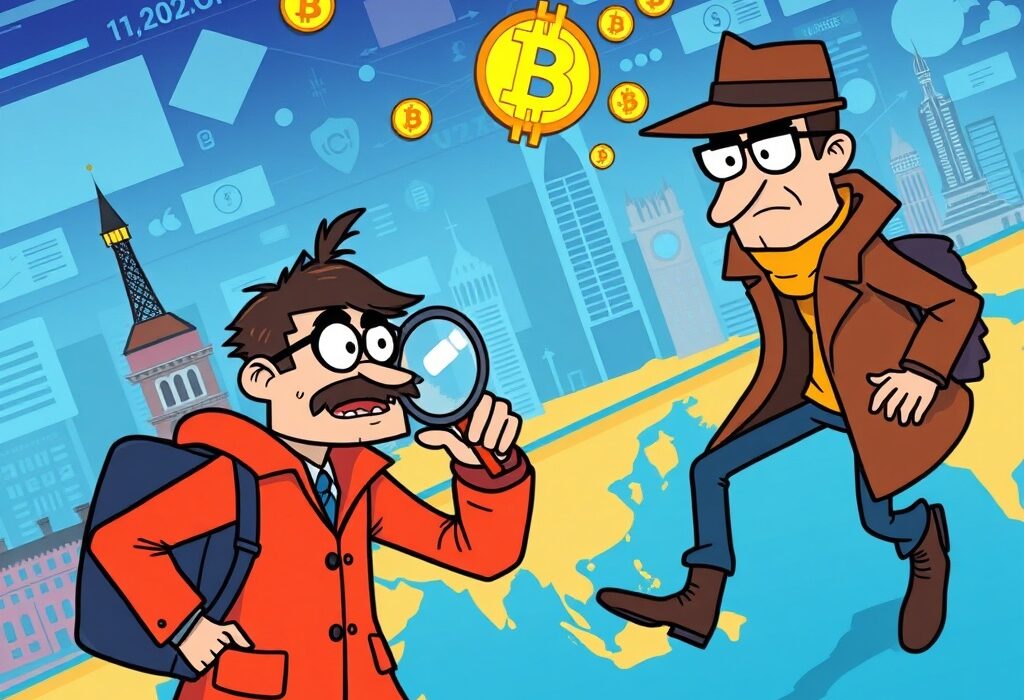Cartoon showing a private investigator pursuing a crypto theft suspect internationally, symbolizing new US legal powers against crypto theft.