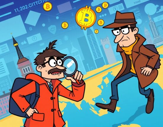 Cartoon showing a private investigator pursuing a crypto theft suspect internationally, symbolizing new US legal powers against crypto theft.
