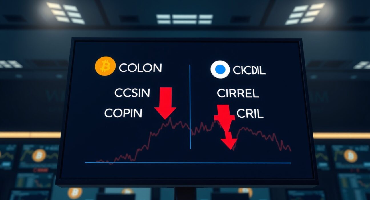 Crypto-themed stocks fall on trading screen with Coinbase and Circle stock prices declining as Bitcoin drops