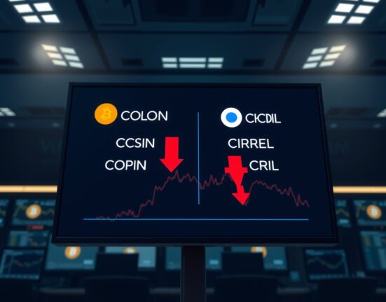 Crypto-themed stocks fall on trading screen with Coinbase and Circle stock prices declining as Bitcoin drops