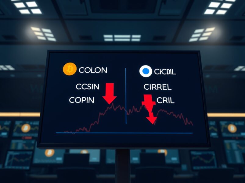 Crypto-themed stocks fall on trading screen with Coinbase and Circle stock prices declining as Bitcoin drops