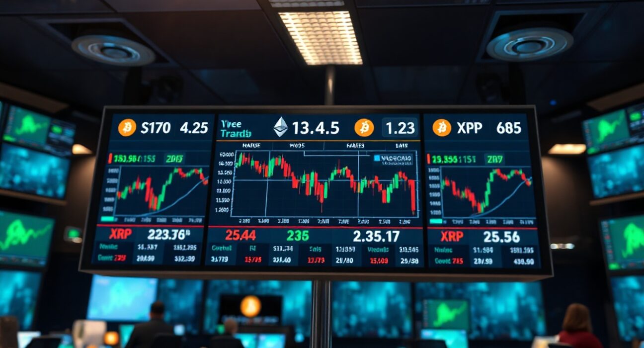 Cryptocurrency price charts on a trading display board in a financial studio