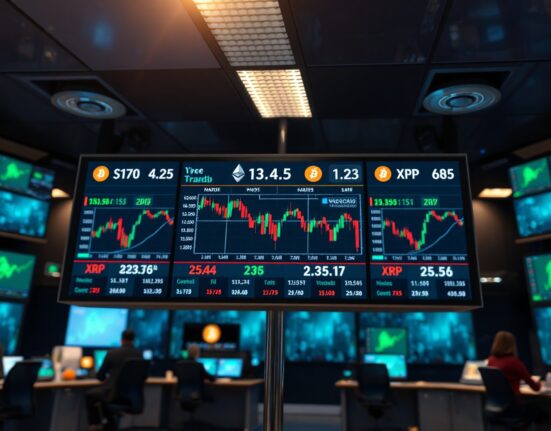 Cryptocurrency price charts on a trading display board in a financial studio