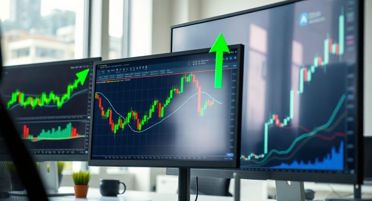 Cryptocurrency price charts showing upward movement on a trading monitor