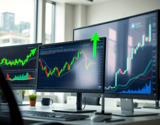 Cryptocurrency price charts showing upward movement on a trading monitor
