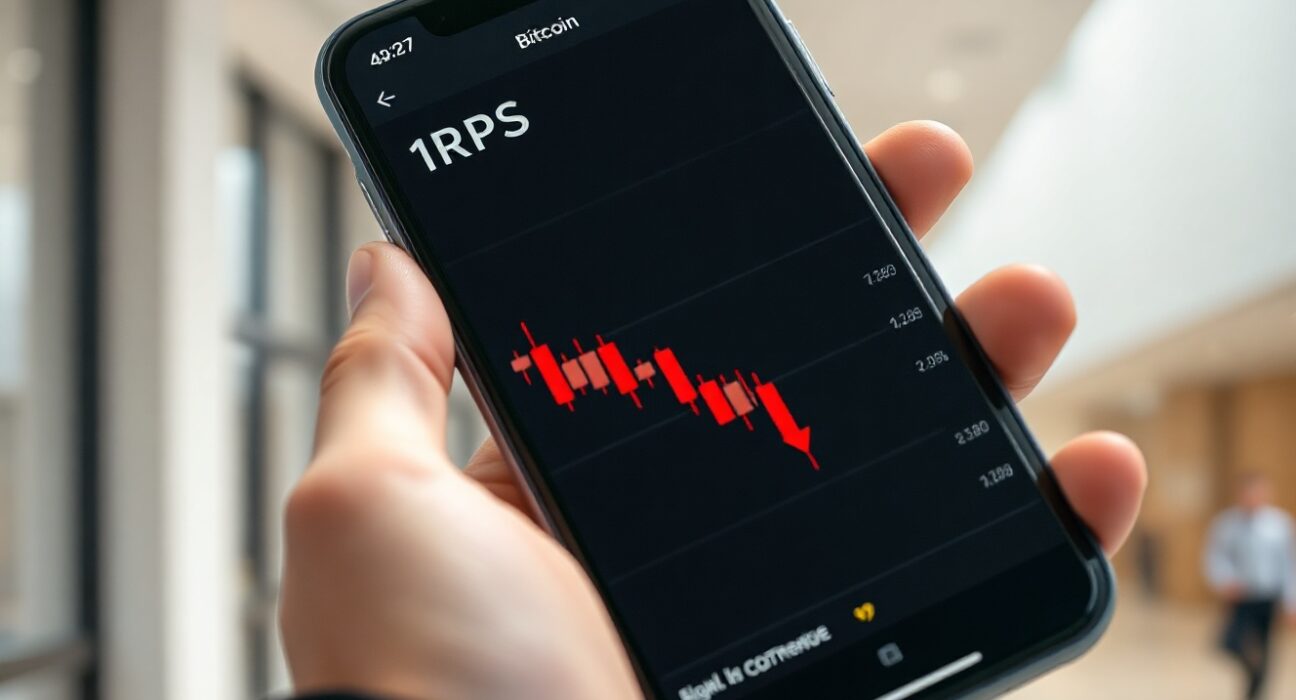 Smartphone displaying cryptocurrency price charts with Bitcoin, Ethereum, and XRP logos in a financial setting.