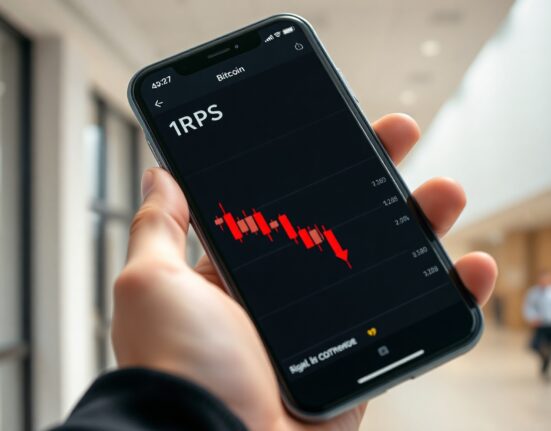 Smartphone displaying cryptocurrency price charts with Bitcoin, Ethereum, and XRP logos in a financial setting.