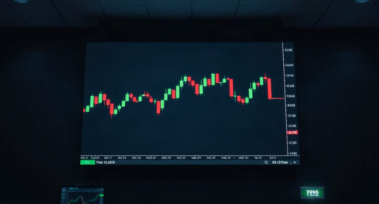 Digital display showing cryptocurrency price charts with a downward trend in a trading floor setting.