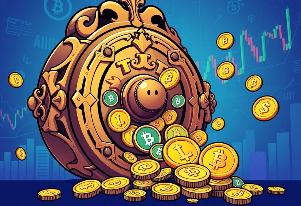 A cartoon illustration showing various crypto token unlocks, symbolizing their release into the market and potential impact.