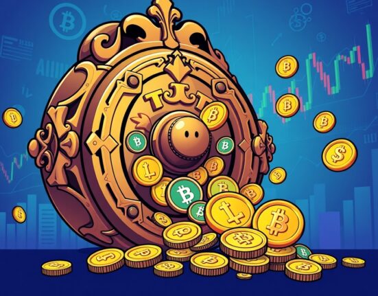 A cartoon illustration showing various crypto token unlocks, symbolizing their release into the market and potential impact.