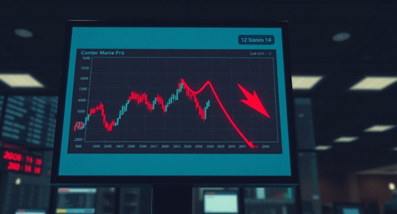 A digital trading screen showing a red downward arrow next to a cryptocurrency price chart, representing poor token performance.