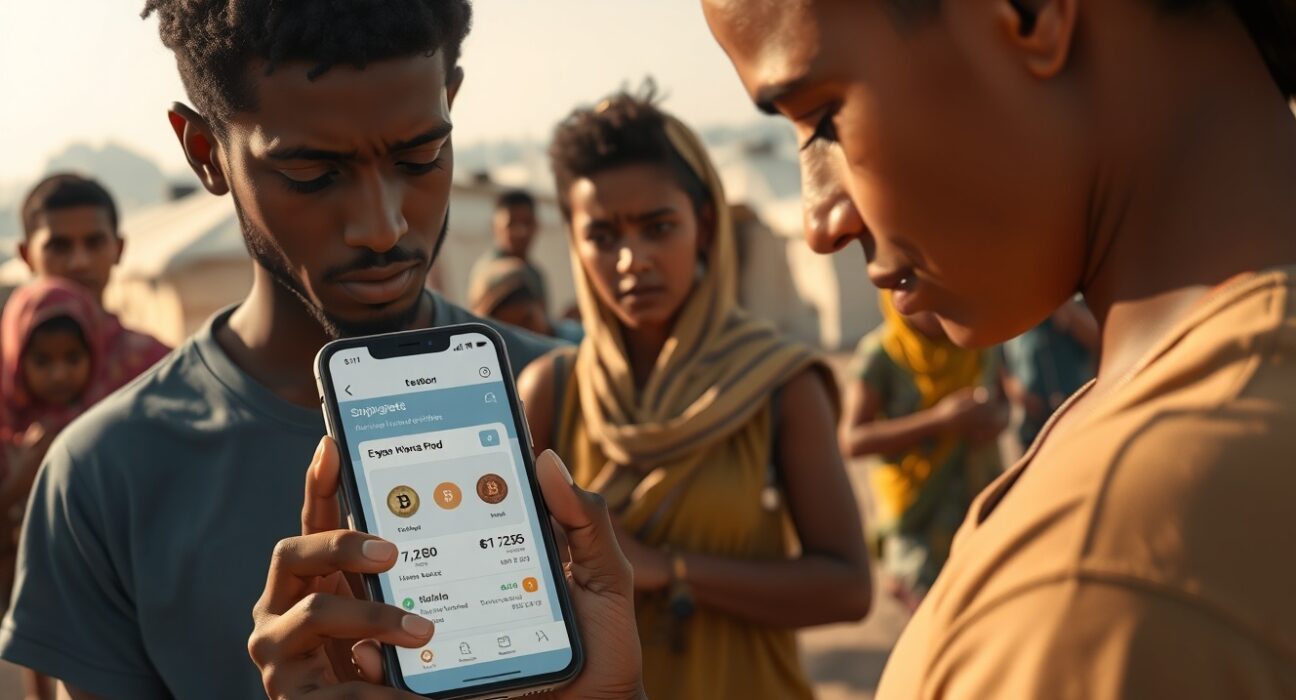 Refugee using cryptocurrency tools on smartphone in camp setting, illustrating digital financial access during displacement.