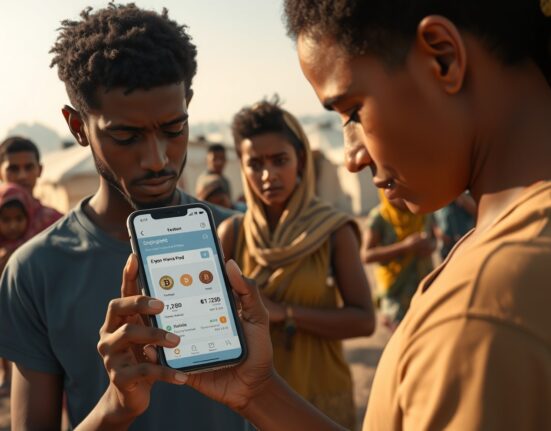 Refugee using cryptocurrency tools on smartphone in camp setting, illustrating digital financial access during displacement.