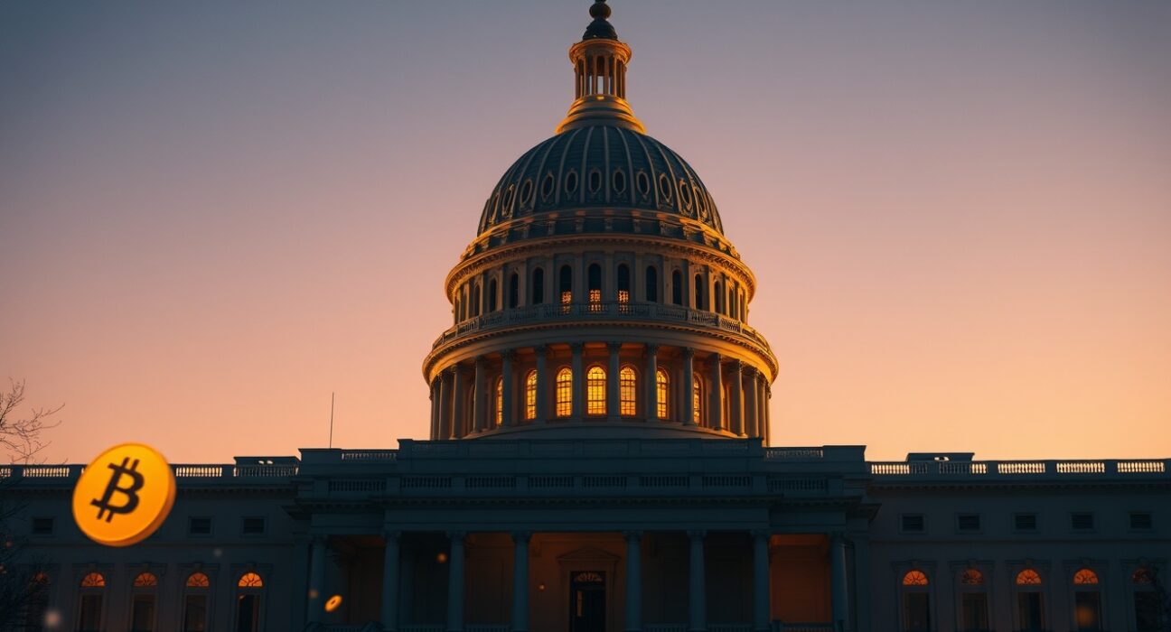 U.S. Capitol building at dusk with digital blockchain overlay representing crypto industry political influence