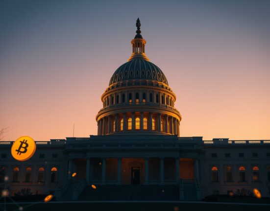 U.S. Capitol building at dusk with digital blockchain overlay representing crypto industry political influence
