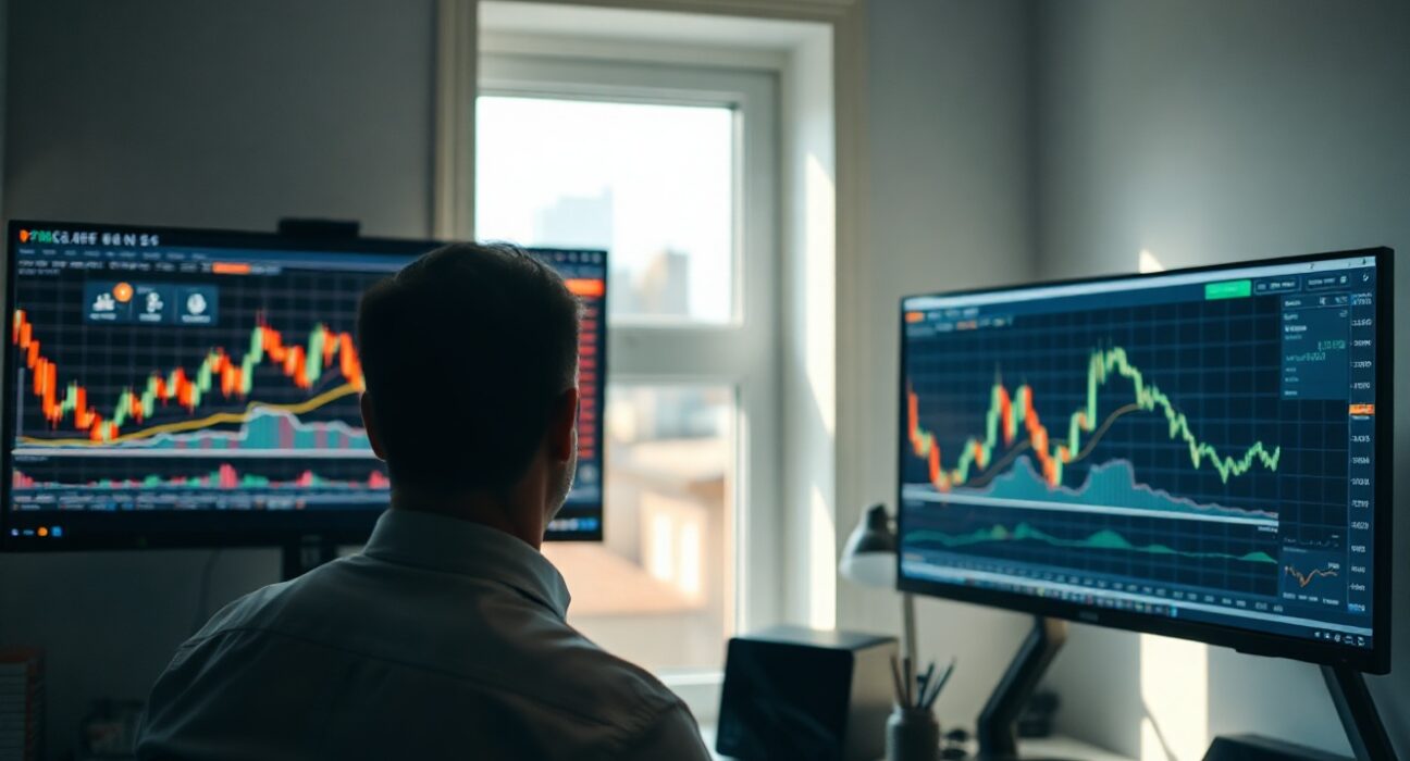 Trader in office with monitors showing crypto and stock charts