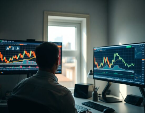 Trader in office with monitors showing crypto and stock charts