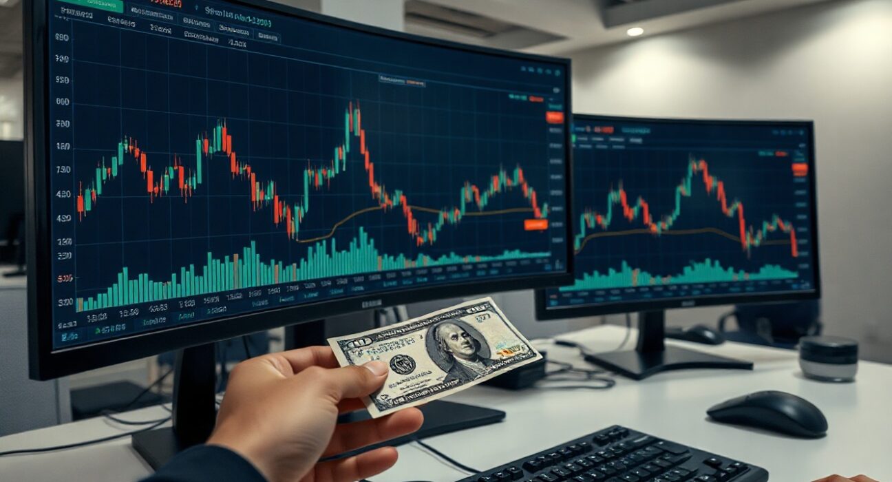 Trading desk monitors showing Bitcoin decline and stablecoin USDT and USDC rise with a dollar bill in foreground