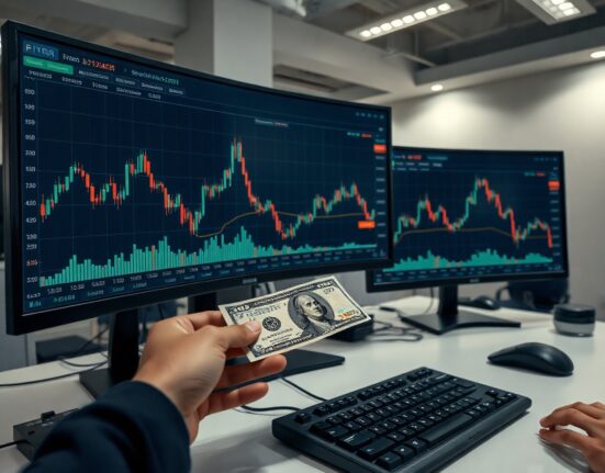 Trading desk monitors showing Bitcoin decline and stablecoin USDT and USDC rise with a dollar bill in foreground
