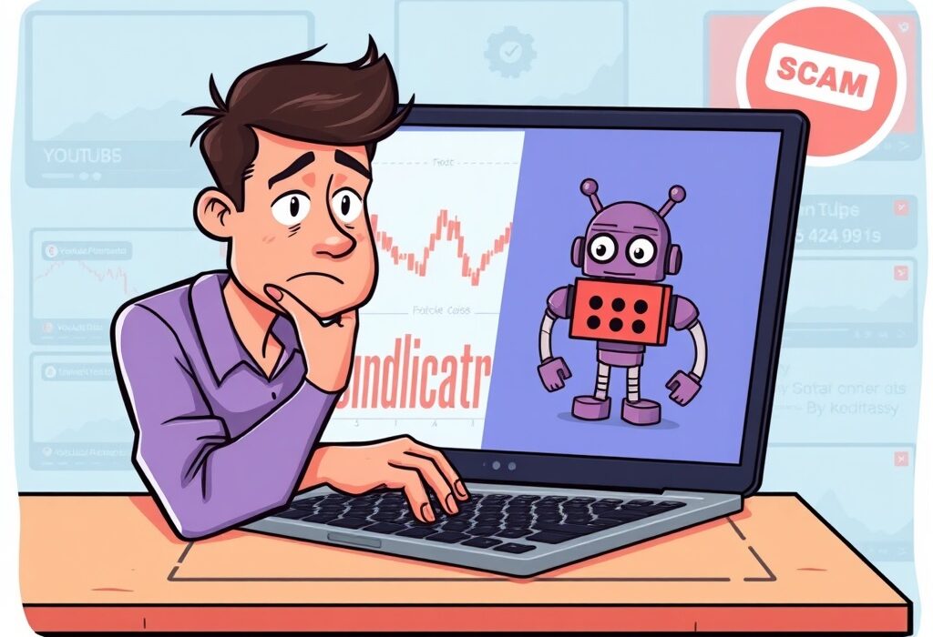 A cartoon illustrating digital asset security against crypto trading bot scams, showing a user protecting their cryptocurrency.