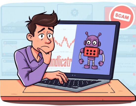 A cartoon illustrating digital asset security against crypto trading bot scams, showing a user protecting their cryptocurrency.
