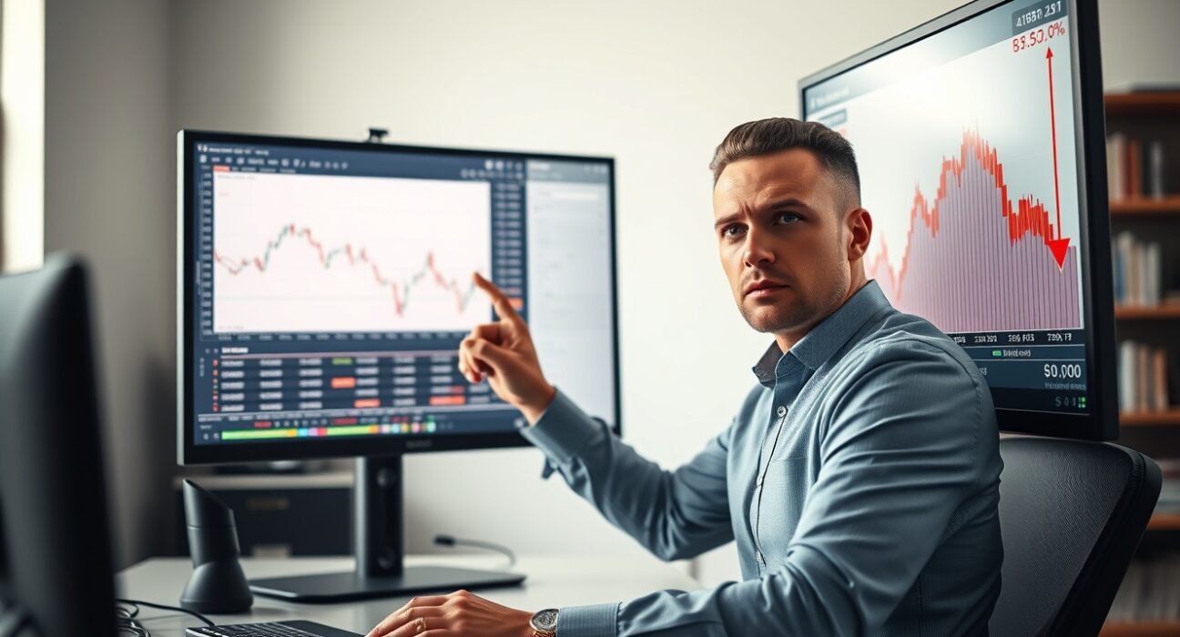 Financial analyst pointing at cryptocurrency trading charts showing low volume