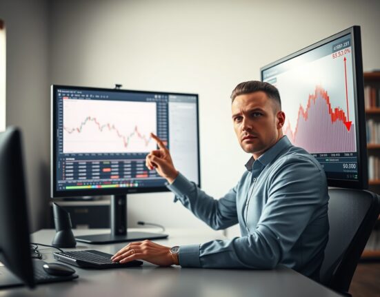 Financial analyst pointing at cryptocurrency trading charts showing low volume